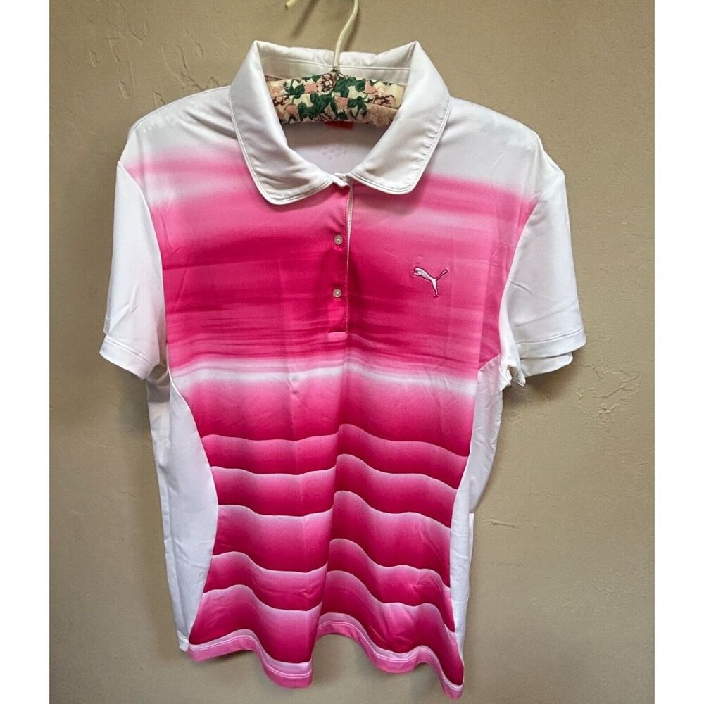 Puma Women's Golf Polo Shirt Top UV Dri-Fit Lightweight Pink Ombre Stripe Size 1
